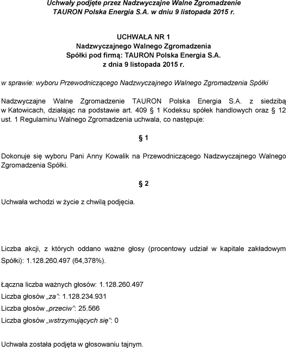 1 Regulaminu Walnego Zgromadzenia uchwala, co następuje: Dokonuje się wyboru Pani Anny Kowalik na Przewodniczącego Nadzwyczajnego Walnego