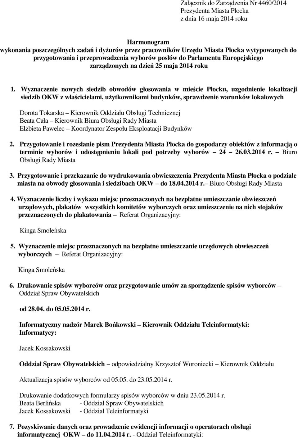 Wyznaczenie nowych siedzib obwodów głosowania w mieście Płocku, uzgodnienie lokalizacji siedzib OKW z właścicielami, użytkownikami budynków, sprawdzenie warunków lokalowych Kierownik Oddziału Obsługi