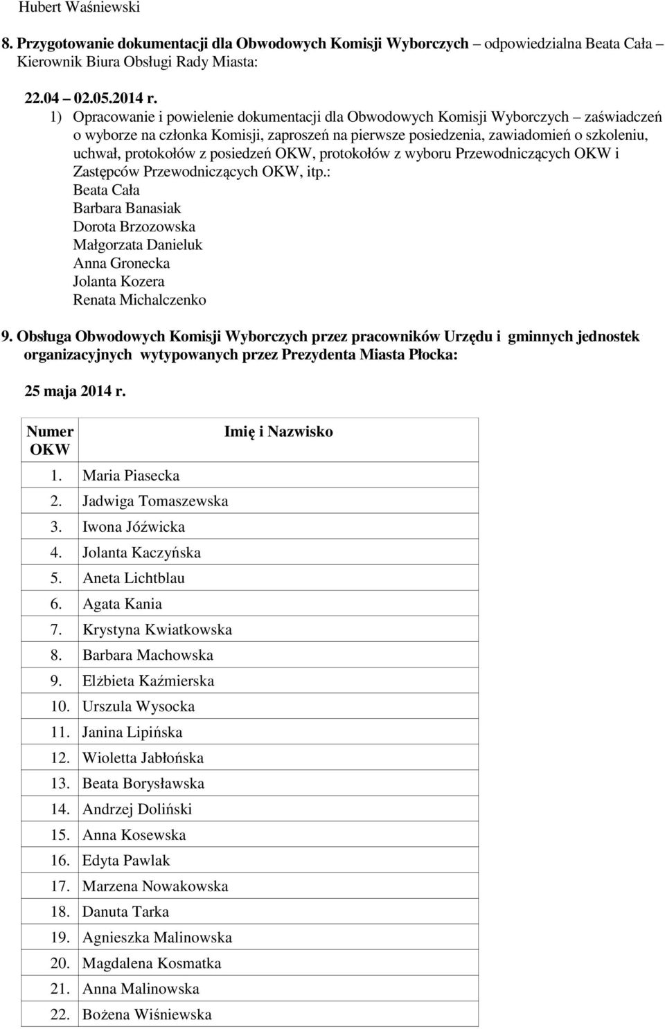 posiedzeń OKW, protokołów z wyboru Przewodniczących OKW i Zastępców Przewodniczących OKW, itp.