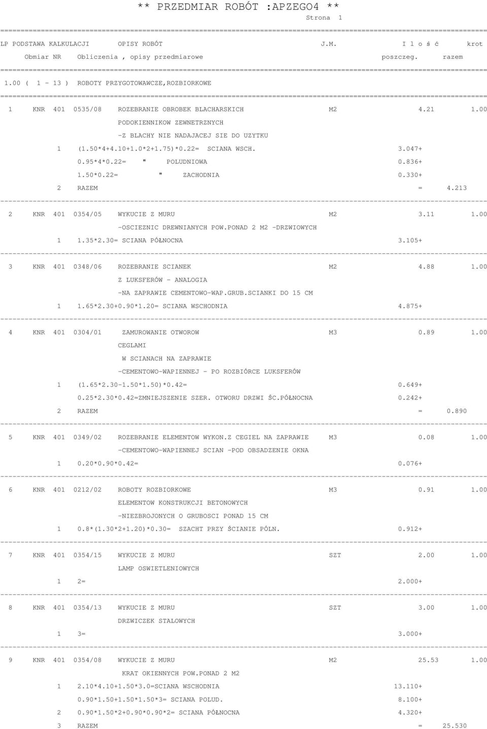 PONAD 2 M2 -DRZWIOWYCH 1 1.35*2.30= SCIANA POŚNOCNA 3.105+ 3 KNR 401 0348/06 ROZEBRANIE SCIANEK M2 4.88 1.00 Z LUKSFEROW - ANALOGIA -NA ZAPRAWIE CEMENTOWO-WAP.GRUB.SCIANKI DO 15 CM 1 1.65*2.30+0.90*1.