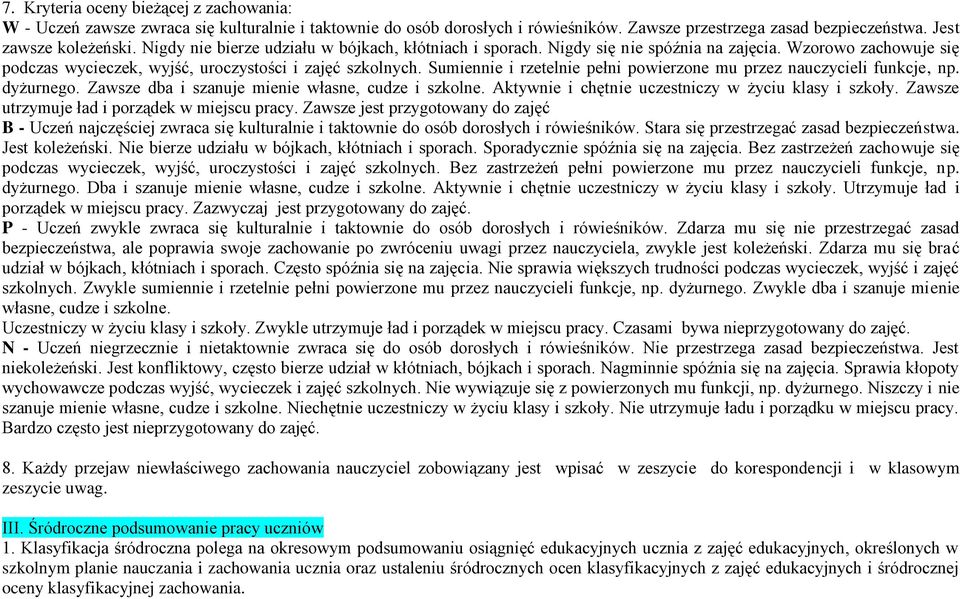 Sumiennie i rzetelnie pełni powierzone mu przez nauczycieli funkcje, np. dyżurnego. Zawsze dba i szanuje mienie własne, cudze i szkolne. Aktywnie i chętnie uczestniczy w życiu klasy i szkoły.