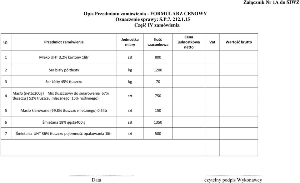 kg 1200 3 Ser żółty 45% tłuszczu kg 70 4 Masło (netto200g) Mix tłuszczowy do smarowania 67% tłuszczu ( 52% tłuszczu mlecznego,15% roślinnego) szt 750 5 Masło