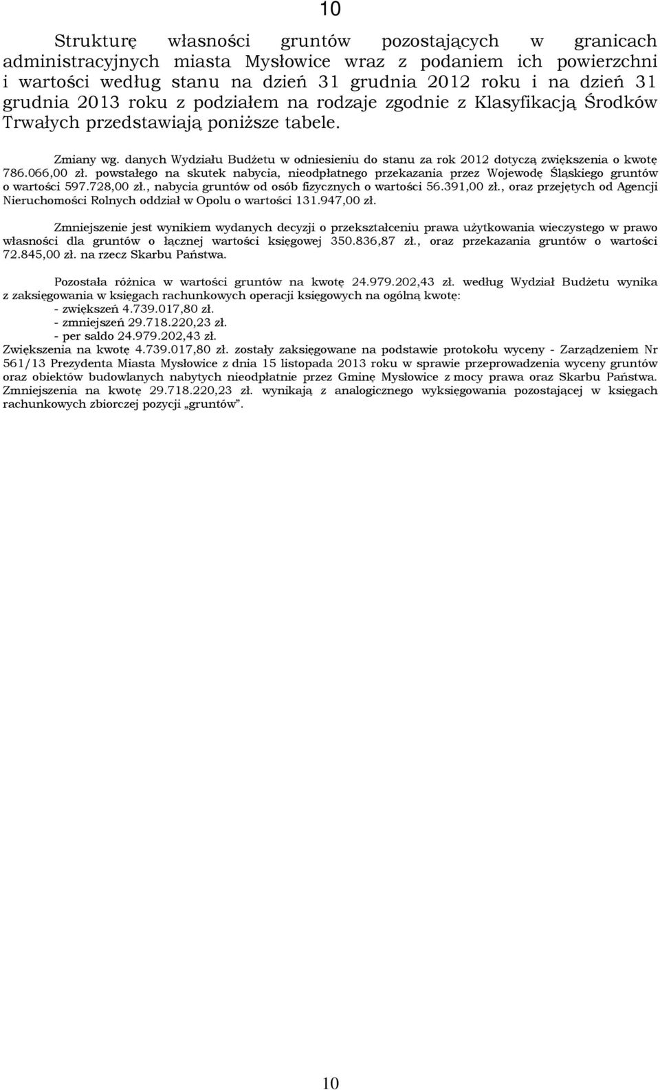 danych Wydziału BudŜetu w odniesieniu do stanu za rok 2012 dotyczą zwiększenia o kwotę 786.066,00 zł. powstałego na skutek nabycia, nieodpłatnego przekazania przez Wojewodę Śląskiego gruntów o 597.