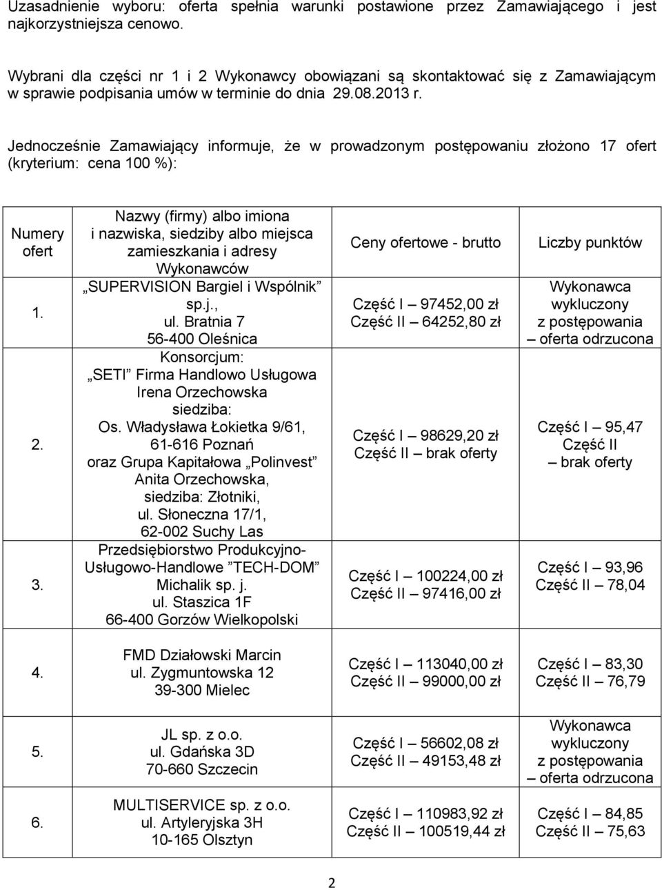 Jednocześnie Zamawiający informuje, że w prowadzonym postępowaniu złożono 17 ofert (kryterium: cena 100 %): Numery ofert 1. 2. 3.