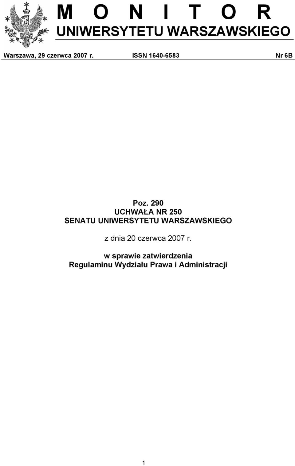 290 UCHWAŁA NR 250 SENATU UNIWERSYTETU WARSZAWSKIEGO z dnia