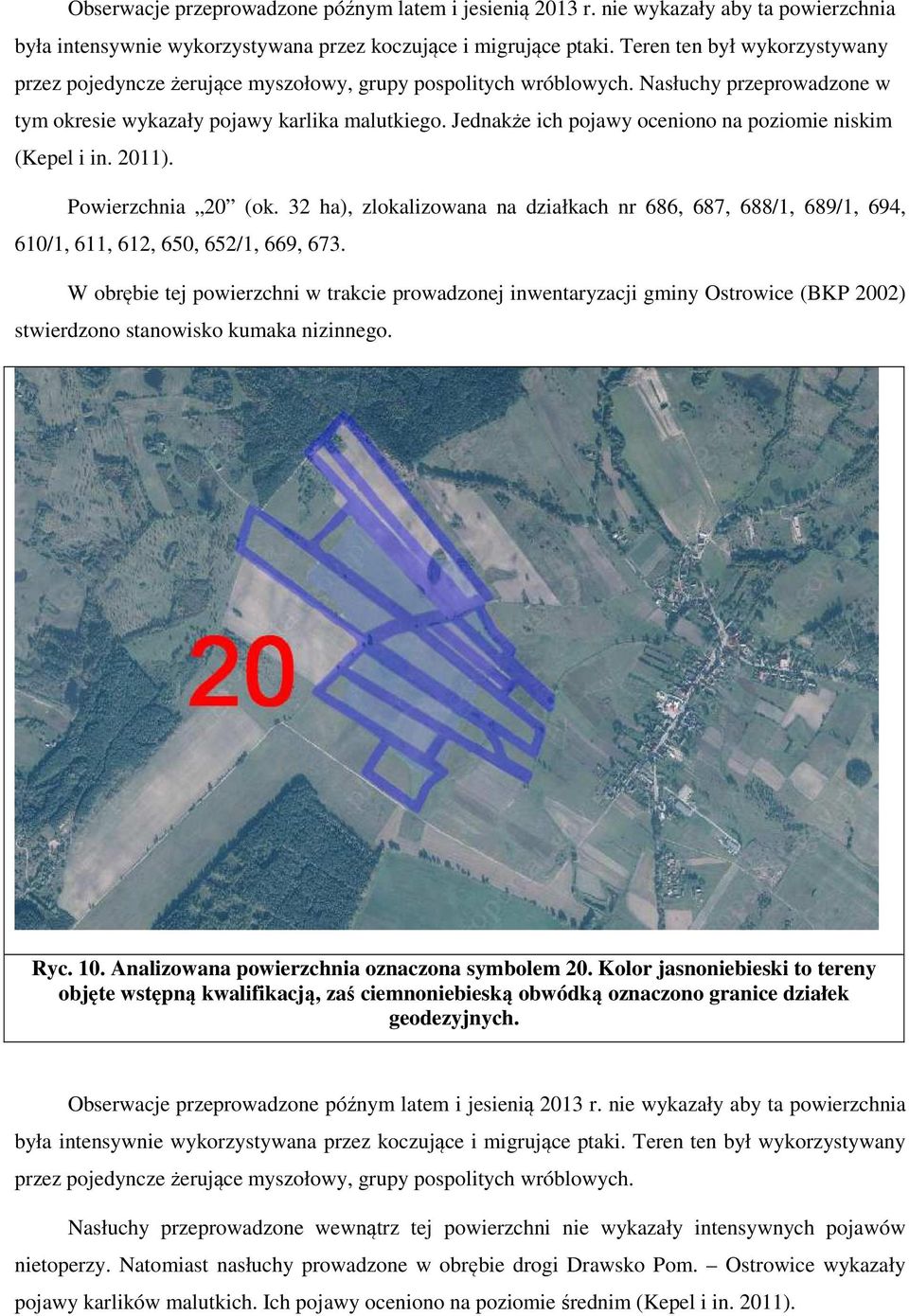 Analizowana powierzchnia oznaczona symbolem 20. Kolor jasnoniebieski to tereny objęte wstępną kwalifikacją, zaś ciemnoniebieską obwódką oznaczono granice działek geodezyjnych.