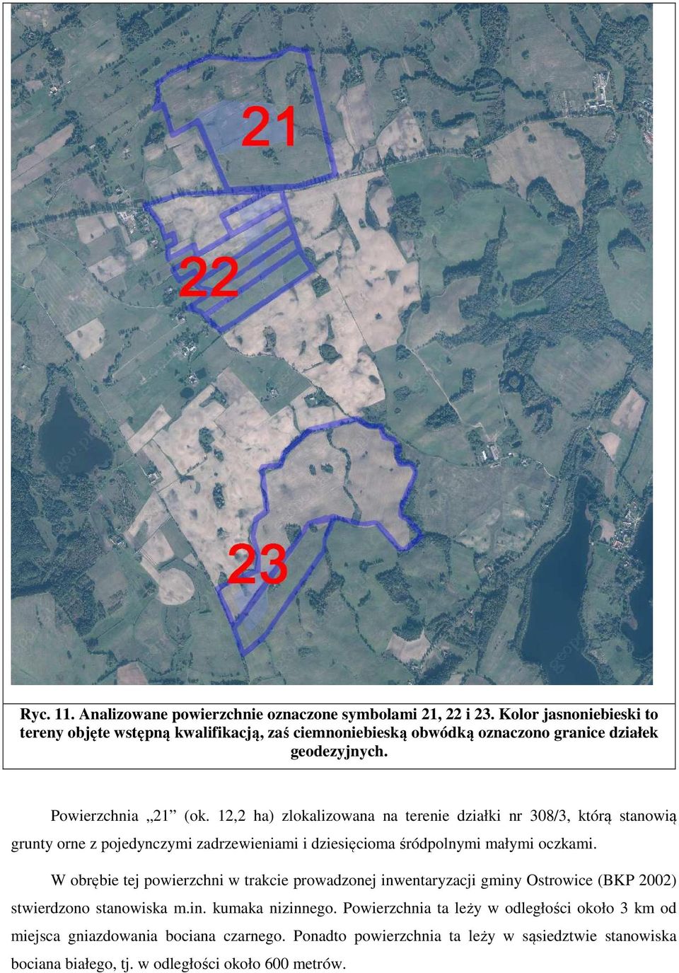 12,2 ha) zlokalizowana na terenie działki nr 308/3, którą stanowią grunty orne z pojedynczymi zadrzewieniami i dziesięcioma śródpolnymi małymi oczkami.