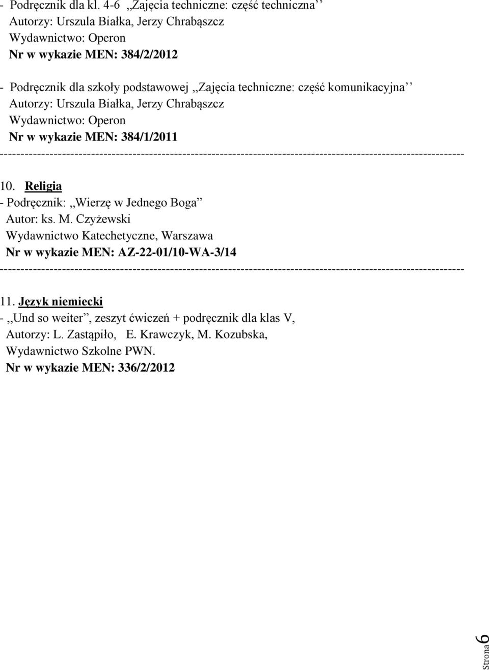 podstawowej,,zajęcia techniczne: część komunikacyjna Autorzy: Urszula Białka, Jerzy Chrabąszcz Wydawnictwo: Operon Nr w wykazie MEN: 384/1/2011 10.