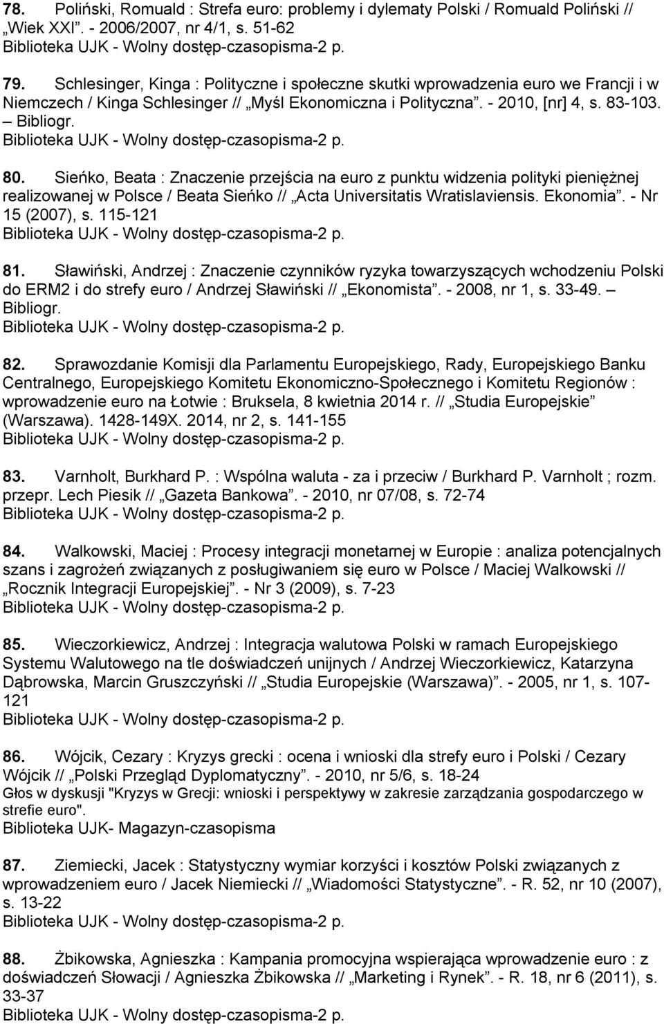 Sieńko, Beata : Znaczenie przejścia na euro z punktu widzenia polityki pieniężnej realizowanej w Polsce / Beata Sieńko // Acta Universitatis Wratislaviensis. Ekonomia. - Nr 15 (2007), s. 115-121 81.