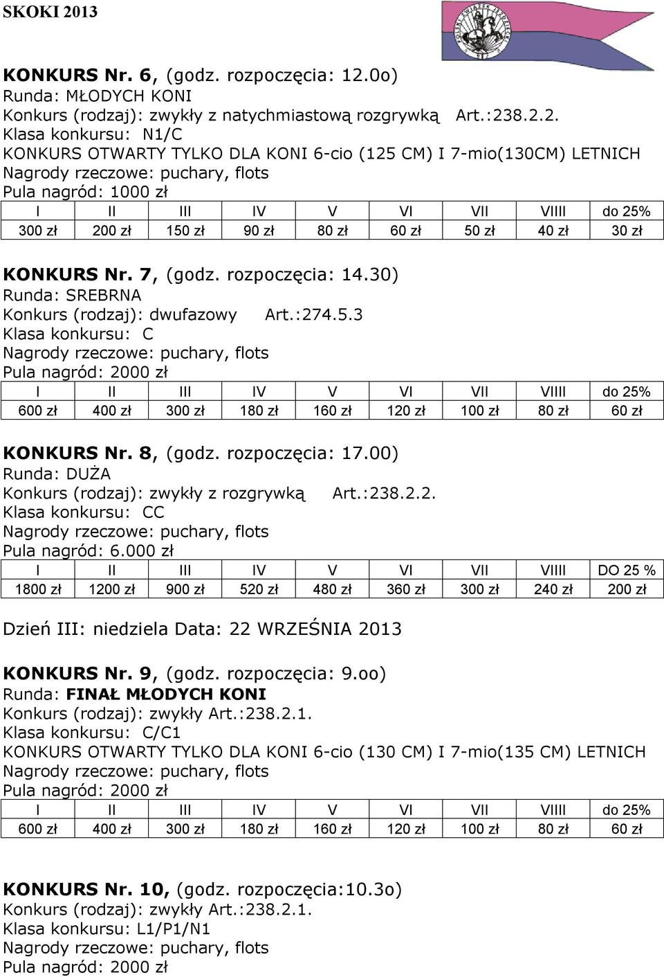 8.2.2. Klasa konkursu: N1/C KONKURS OTWARTY TYLKO DLA KONI 6-cio (125 CM) I 7-mio(130CM) LETNICH Pula nagród: 1000 zł 300 zł 200 zł 150 zł 90 zł 80 zł 60 zł 50 zł 40 zł 30 zł KONKURS Nr. 7, (godz.