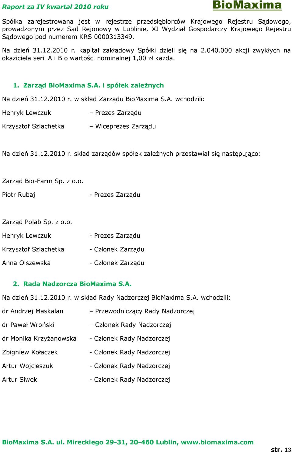 12.2010 r. w skład Zarządu BiMaxima S.A. wchdzili: Henryk Lewczuk Prezes Zarządu Krzysztf Szlachetka Wiceprezes Zarządu Na dzień 31.12.2010 r. skład zarządów spółek zależnych przestawiał się następując: Zarząd Bi-Farm Sp.