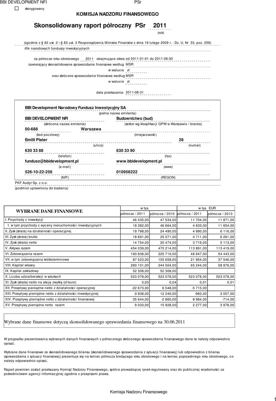259) dla narodowych funduszy inwestycyjnych za półrocze roku obrotowego 2011 obejmujce okres od 2011-01-01 do 2011-06-30 zawierajcy skonsolidowane sprawozdanie finansowe według MSR w walucie zł oraz