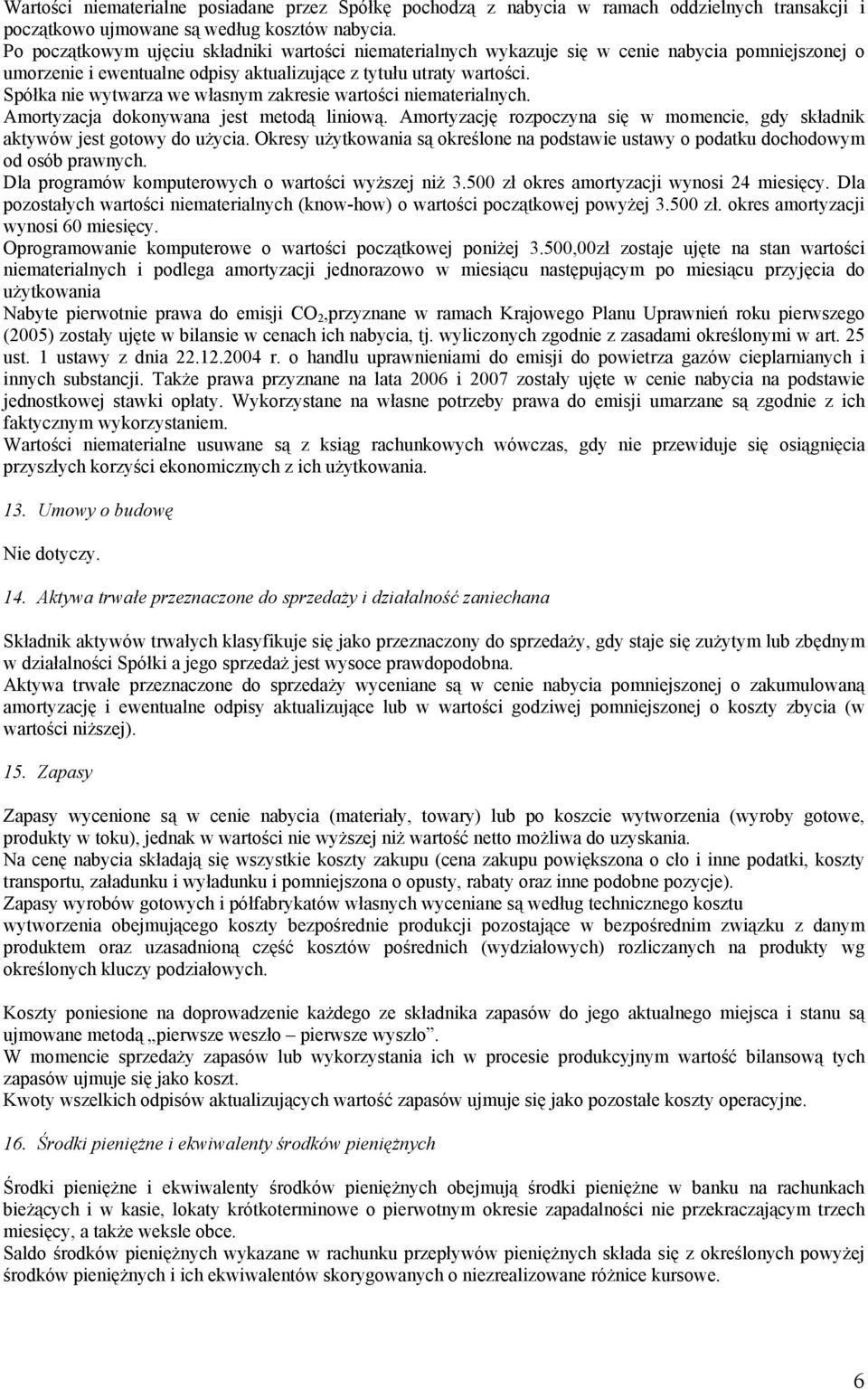 Spółka nie wytwarza we własnym zakresie wartości niematerialnych. Amortyzacja dokonywana jest metodą liniową. Amortyzację rozpoczyna się w momencie, gdy składnik aktywów jest gotowy do użycia.