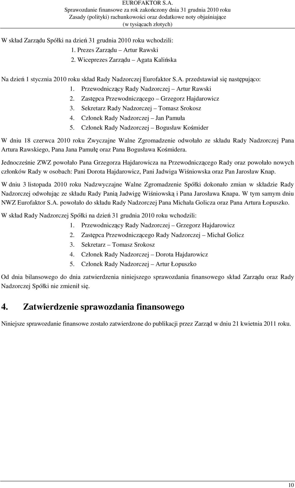 Sprawozdanie finansowe za rok zakończony dnia 31 grudnia 2010 roku Zasady (polityki) rachunkowości oraz dodatkowe noty objaśniające (w tysiącach złotych) W skład Zarządu Spółki na dzień 31 grudnia