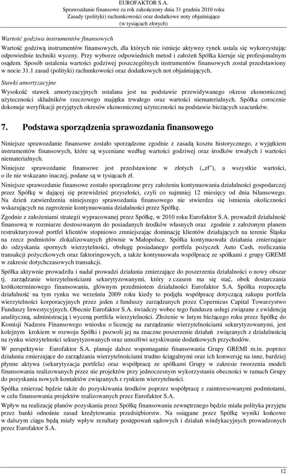 Sprawozdanie finansowe za rok zakończony dnia 31 grudnia 2010 roku Zasady (polityki) rachunkowości oraz dodatkowe noty objaśniające (w tysiącach złotych) Wartość godziwą instrumentów finansowych, dla