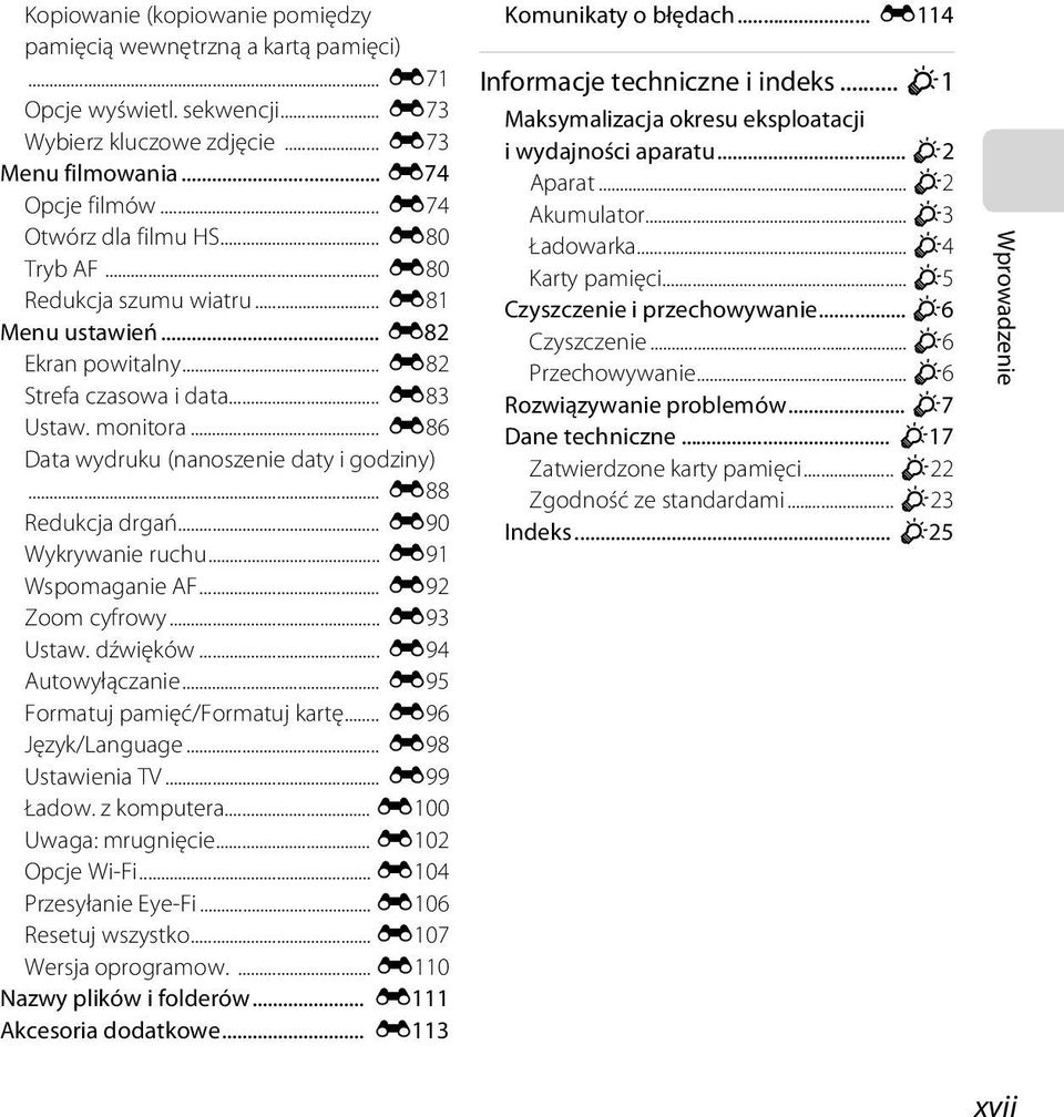 .. E86 Data wydruku (nanoszenie daty i godziny)... E88 Redukcja drgań... E90 Wykrywanie ruchu... E91 Wspomaganie AF... E92 Zoom cyfrowy... E93 Ustaw. dźwięków... E94 Autowyłączanie.