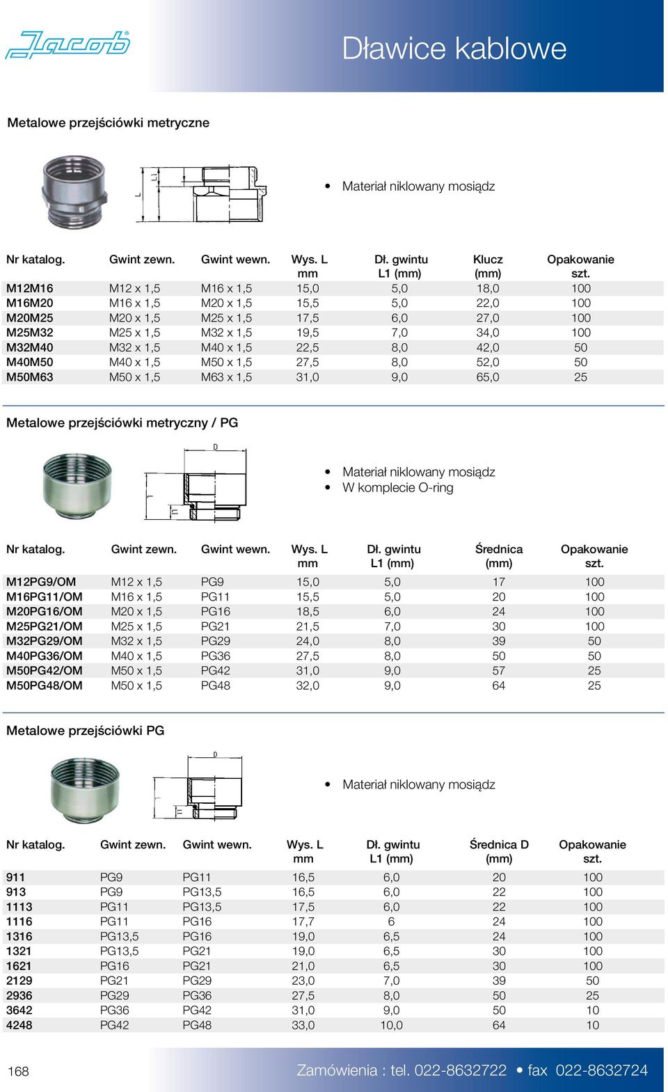 M40 x 1,5 22,5 8,0 42,0 50 M40M50 M40 x 1,5 M50 x 1,5 27,5 8,0 52,0 50 M50M63 M50 x 1,5 M63 x 1,5 31,0 9,0 65,0 25 Metalowe przejściówki metryczny / PG W komplecie O-ring Nr katalog. Gwint zewn.