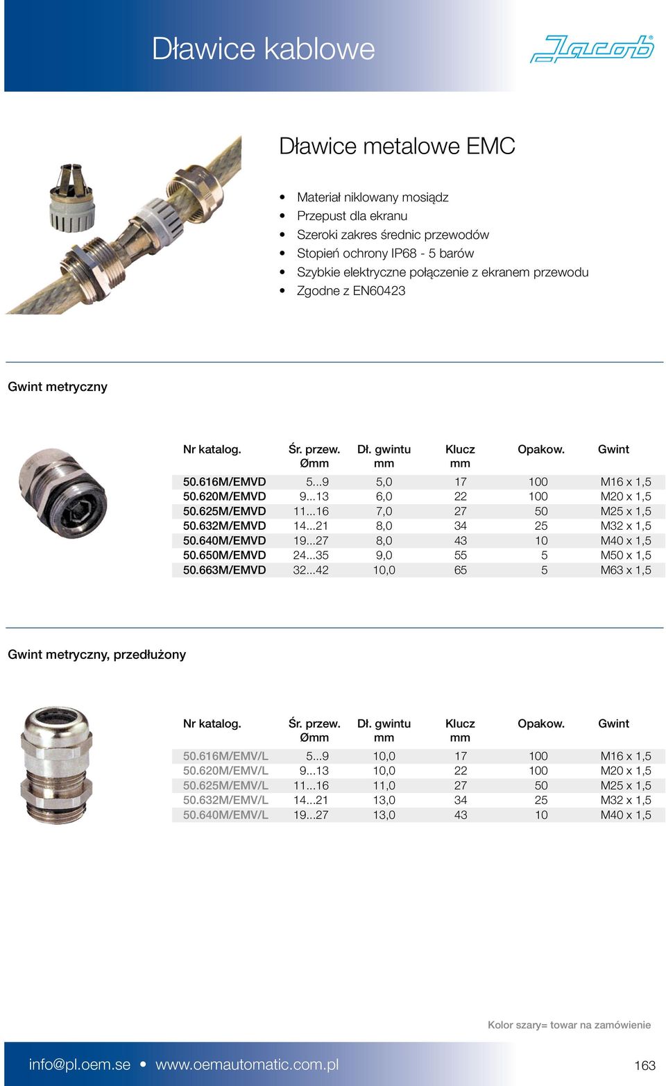 ..27 8,0 43 10 M40 x 1,5 50.650M/EMVD 24...35 9,0 55 5 M50 x 1,5 50.663M/EMVD 32...42 10,0 65 5 M63 x 1,5 Gwint metryczny, przedłużony 50.616M/EMV/L 5...9 10,0 17 100 M16 x 1,5 50.620M/EMV/L 9.