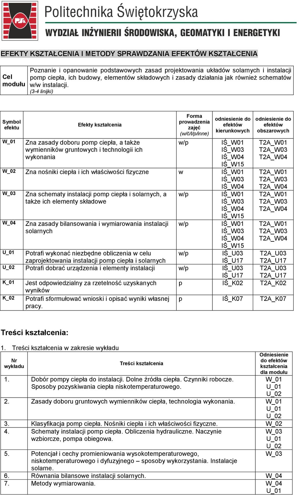 (3-4 linijki) Symbol efektu Efekty kształcenia Zna zasady doboru pomp ciepła, a także wymienników gruntowych i technologii ich wykonania Forma prowadzenia zajęć (w/ć/l/p/inne) odniesienie do efektów