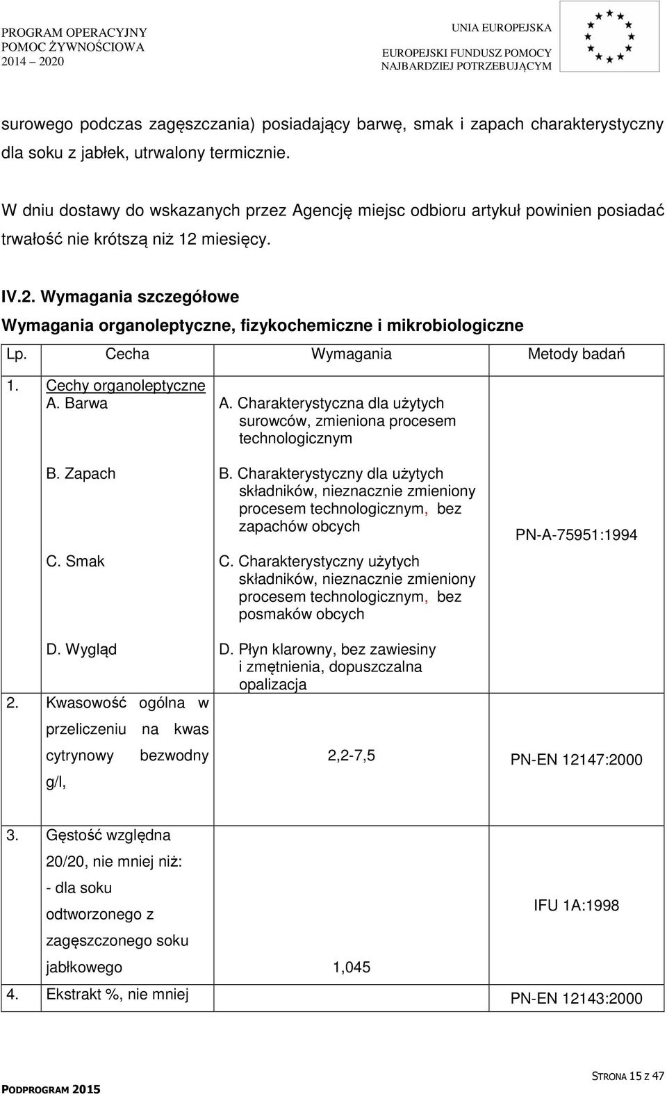 . Wymagania szczegółowe Wymagania organoleptyczne, fizykochemiczne i mikrobiologiczne Lp. Cecha Wymagania Metody badań. Cechy organoleptyczne A. Barwa B. Zapach C. Smak A.