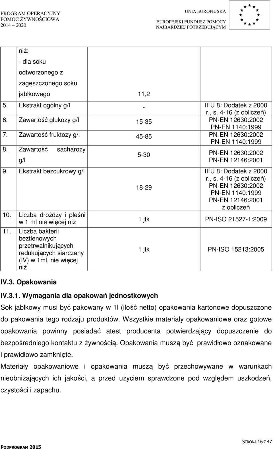 Liczba bakterii beztlenowych przetrwalnikujących redukujących siarczany (IV) w ml, nie więcej niż IV.3. Opakowania 8-9 IV.3.. Wymagania dla opakowań jednostkowych IFU 8: Dodatek z 000 r., s.