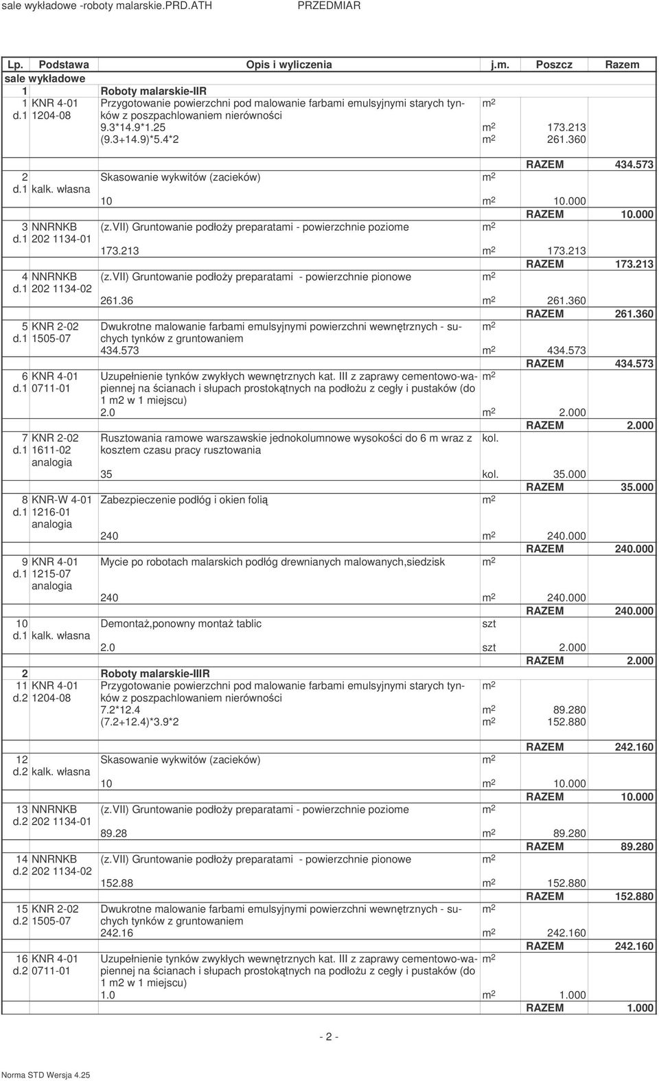 4*2 261.360 Skasowanie wykwitów (zacieków) RAZEM 434.573 10 10.000 (z.vii) Gruntowanie podłoy preparatami - powierzchnie poziome 173.213 173.213 RAZEM 173.213 (z.