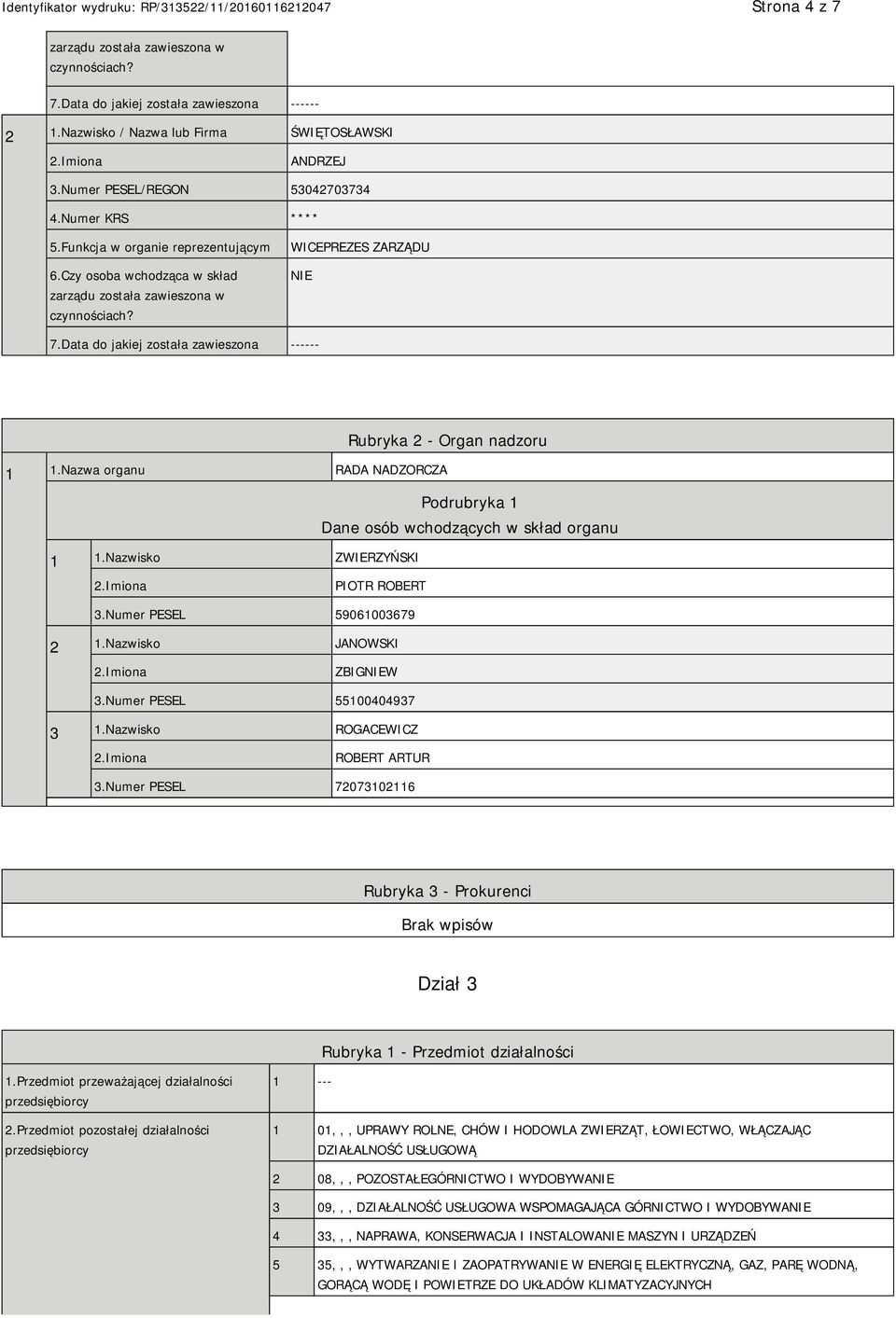 Data do jakiej została zawieszona ------ Rubryka 2 - Organ nadzoru 1 1.Nazwa organu RADA NADZORCZA Podrubryka 1 Dane osób wchodzących w skład organu 1 1.Nazwisko ZWIERZYŃSKI PIOTR ROBERT 3.