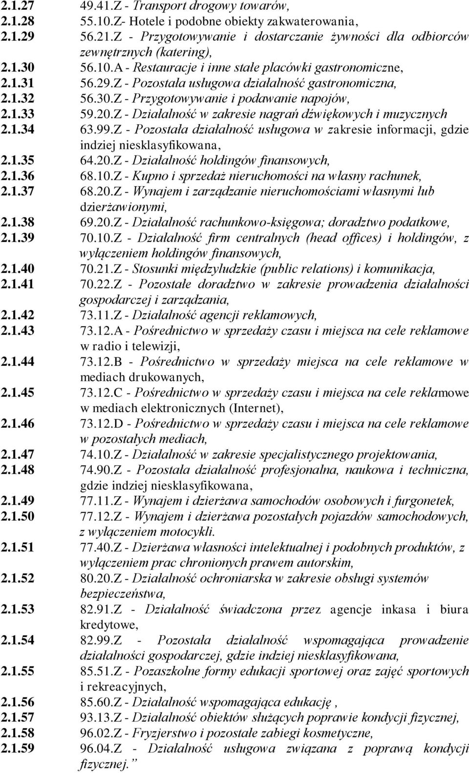 Z - Działalność w zakresie nagrań dźwiękowych i muzycznych 2.1.34 63.99.Z - Pozostała działalność usługowa w zakresie informacji, gdzie indziej niesklasyfikowana, 2.1.35 64.20.