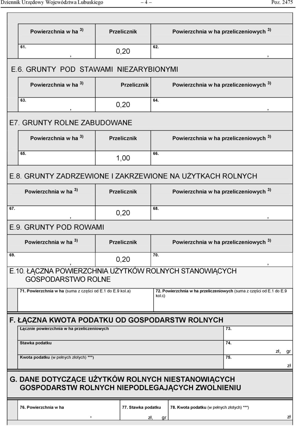 Powierzchnia w ha (suma z części od E.1 do E.9 kol.a) 72. Powierzchnia w ha przeliczeniowych (suma z części od E.1 do E.9 kol.c) F.