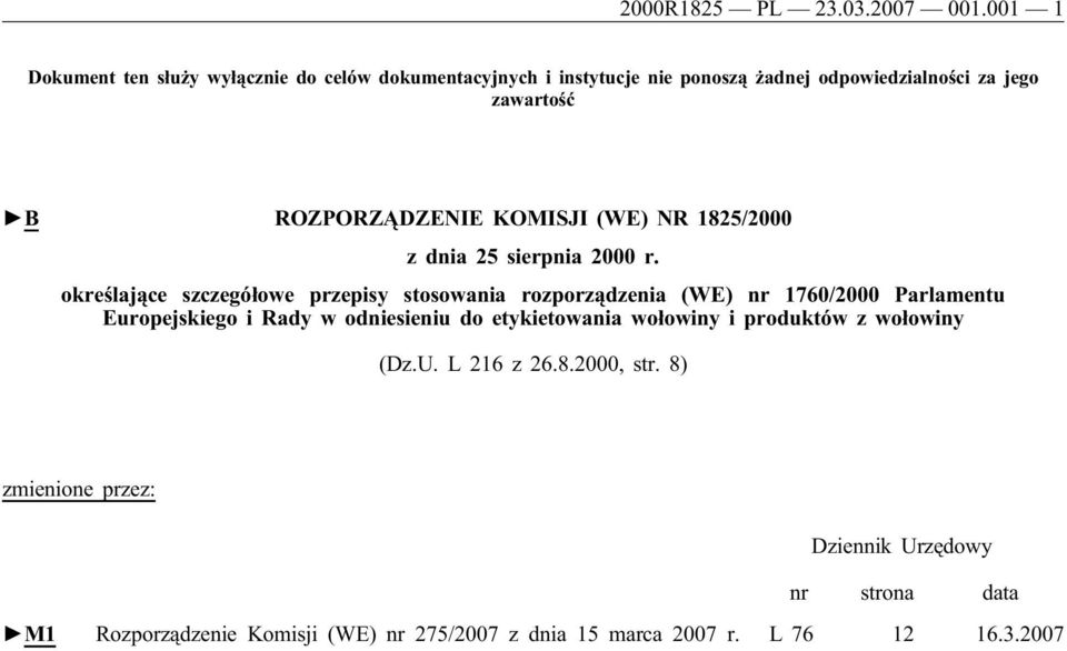 ROZPORZĄDZENIE KOMISJI (WE) NR 1825/2000 z dnia 25 sierpnia 2000 r.