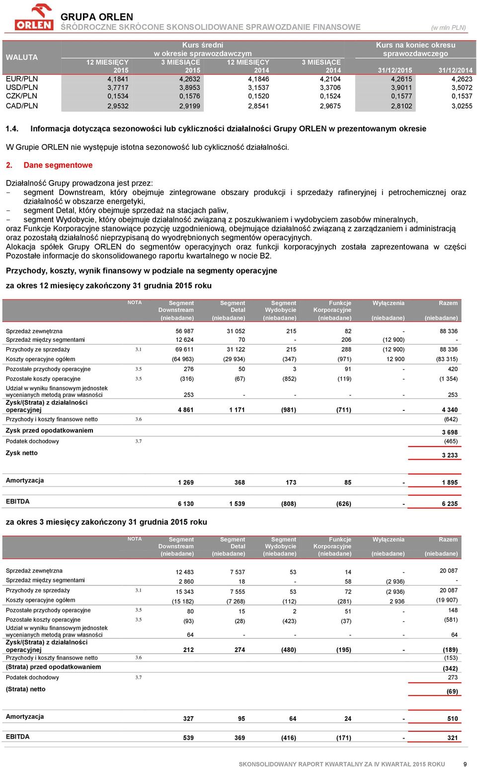 2. Dane segmentowe Działalność Grupy prowadzona jest przez: - segment Downstream, który obejmuje zintegrowane obszary produkcji i sprzedaży rafineryjnej i petrochemicznej oraz działalność w obszarze