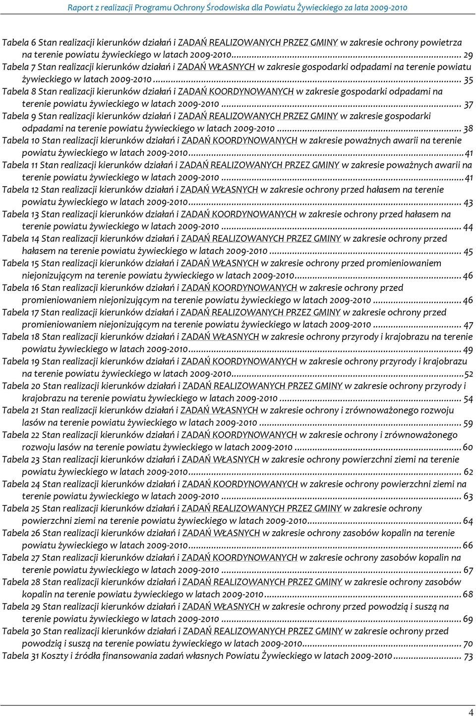 .. 35 Tabela 8 Stan realizacji kierunków działań i ZADAŃ KOORDYNOWANYCH w zakresie gospodarki odpadami na terenie powiatu żywieckiego w latach 2009-2010.