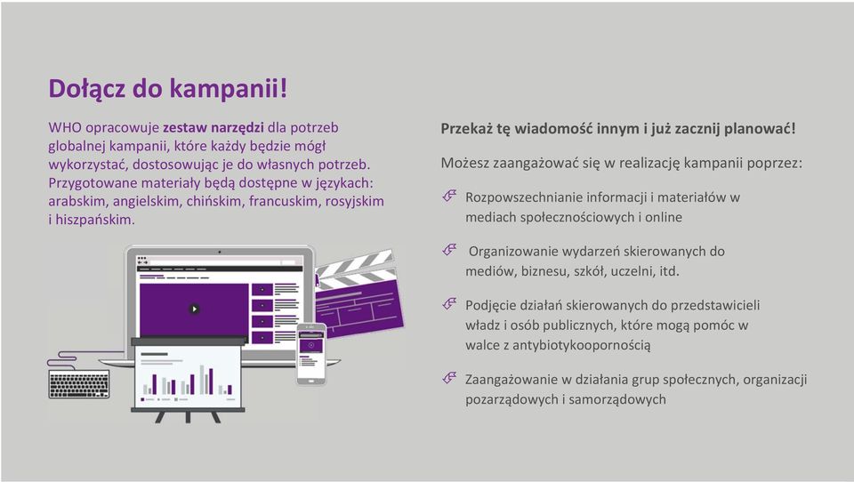 Możesz zaangażować się w realizację kampanii poprzez: Rozpowszechnianie informacji i materiałów w mediach społecznościowych i online Organizowanie wydarzeń skierowanych do mediów,