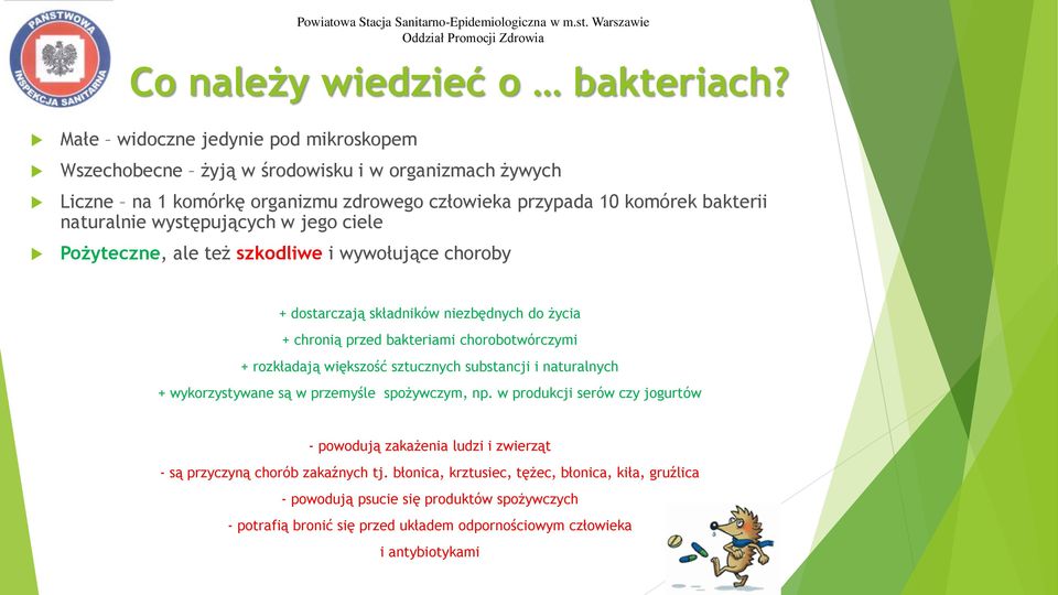 jego ciele Pożyteczne, ale też szkodliwe i wywołujące choroby + dostarczają składników niezbędnych do życia + chronią przed bakteriami chorobotwórczymi + rozkładają większość sztucznych substancji i