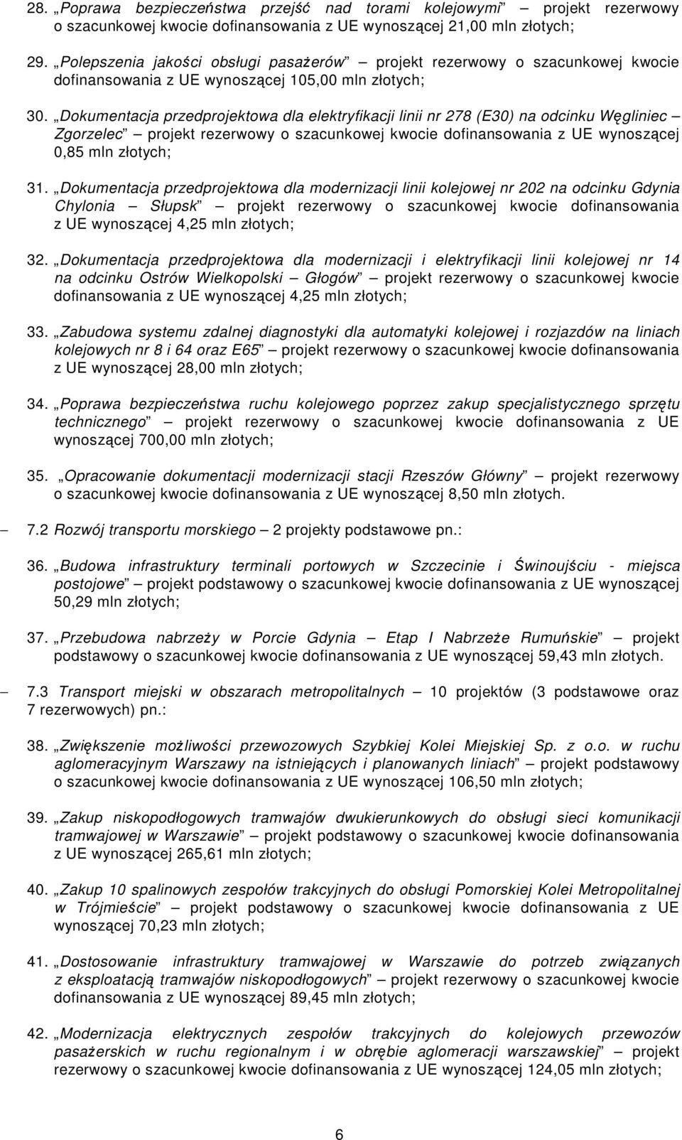 Dokumentacja przedprojektowa dla elektryfikacji linii nr 278 (E30) na odcinku Węgliniec Zgorzelec projekt rezerwowy o szacunkowej kwocie dofinansowania z UE wynoszącej 0,85 mln złotych; 31.