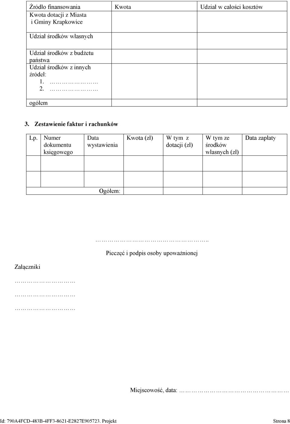 Numer dokumentu księgowego Data wystawienia Kwota (zł) W tym z dotacji (zł) W tym ze środków własnych (zł) Data zapłaty