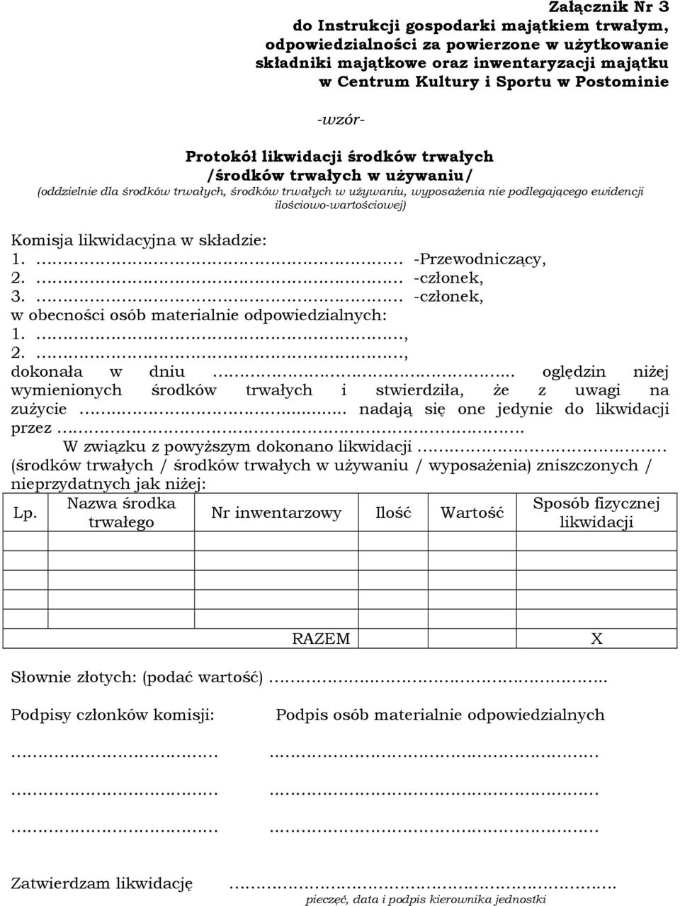 Komisja likwidacyjna w składzie: 1. -Przewodniczący, 2. -członek, 3. -członek, w obecności osób materialnie odpowiedzialnych: 1., 2., dokonała w dniu.