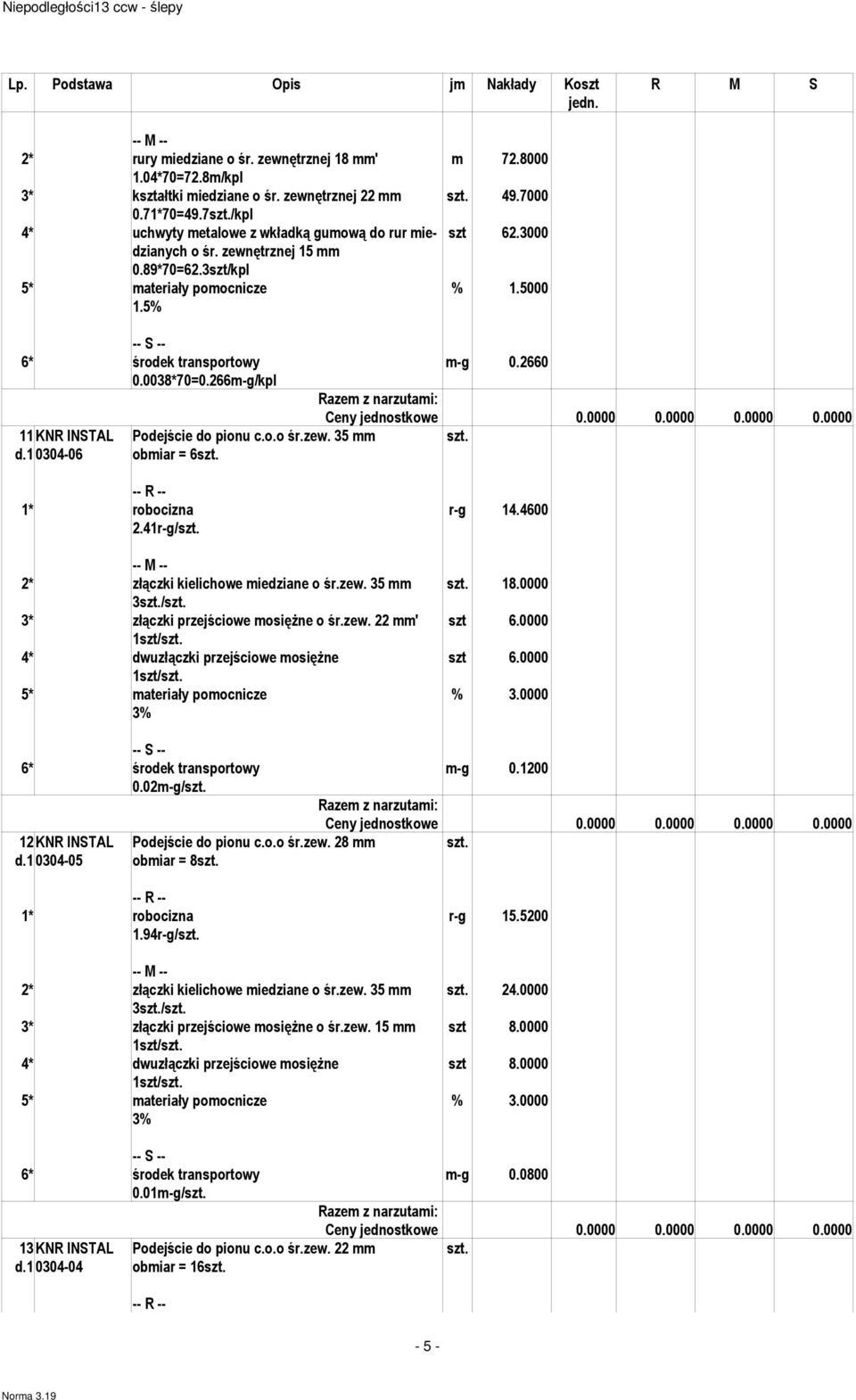 266-g/kpl 11 KNR INSTAL d.1 0304-06 Podejście do pionu c.o.o śr.zew. 35 obiar = 6szt. 1* robocizna r-g 14.4600 2.41r-g/szt. 2* złączki kielichowe iedziane o śr.zew. 35 szt. 18.0000 3szt./szt. 3* złączki przejściowe osiężne o śr.
