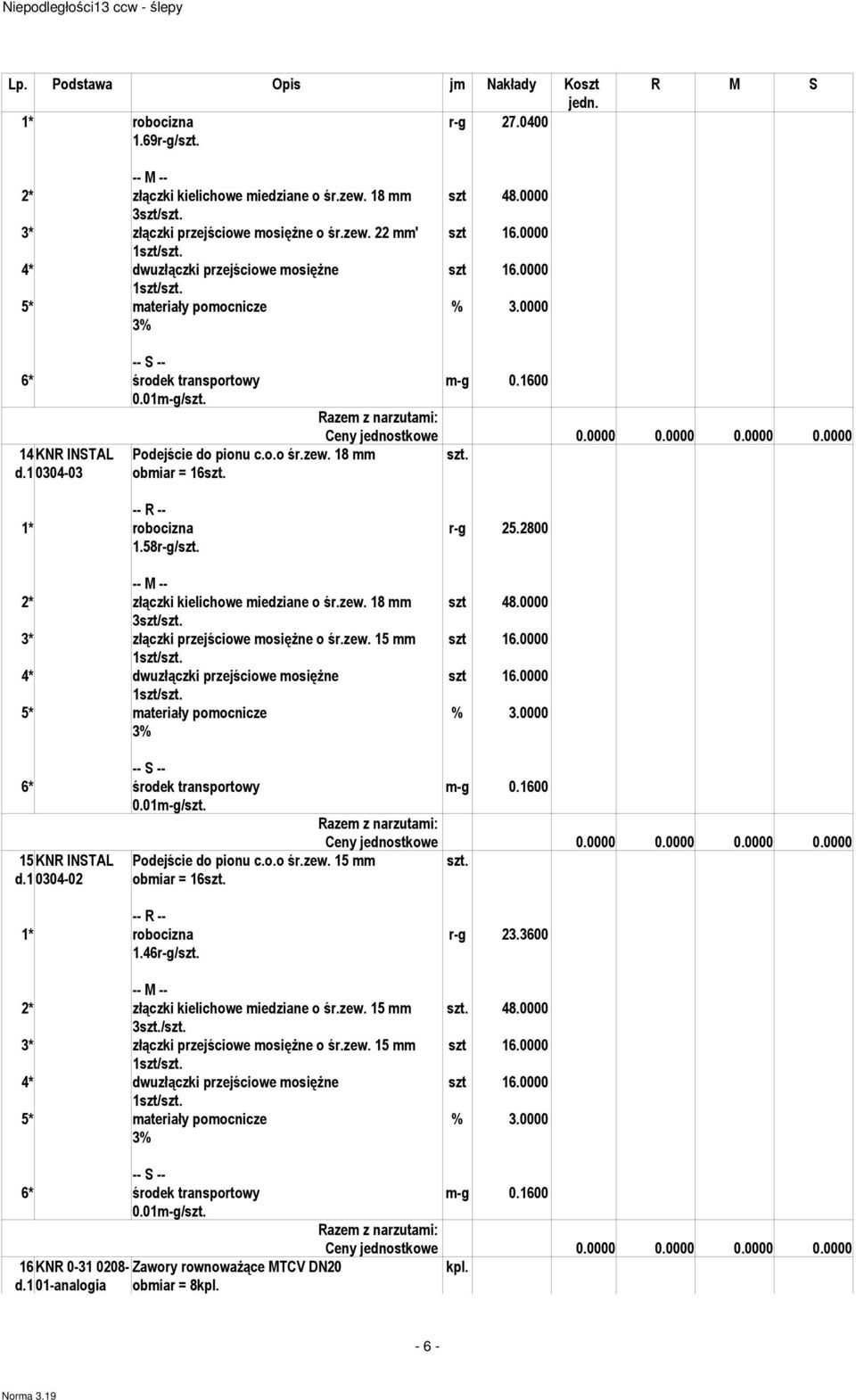 18 obiar = 16szt. 1* robocizna r-g 25.2800 1.58r-g/szt. 2* złączki kielichowe iedziane o śr.zew. 18 szt 48.0000 3szt/szt. 3* złączki przejściowe osiężne o śr.zew. 15 szt 16.