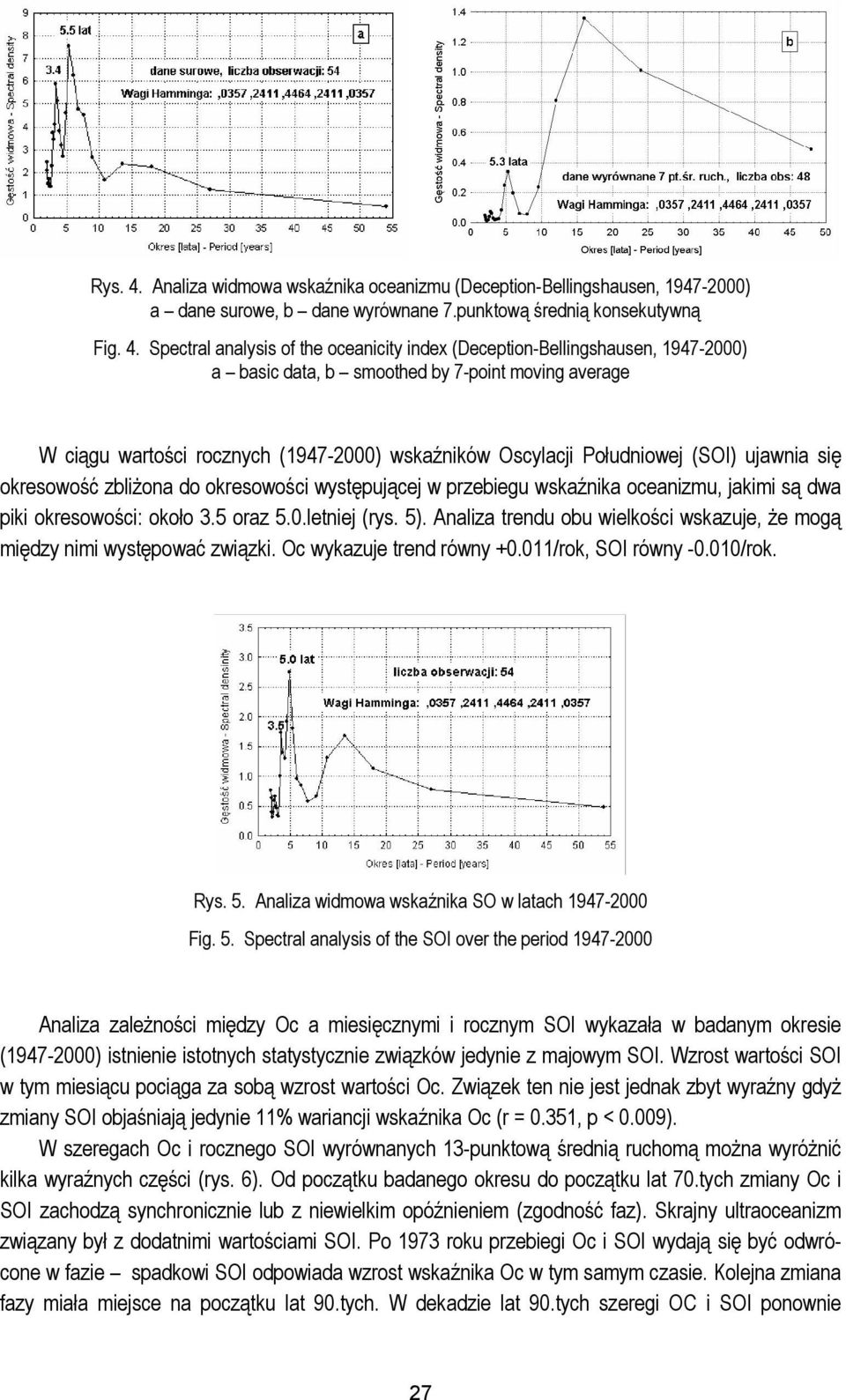 Spectral analysis of the oceanicity index (Deception-Bellingshausen, 1947-2000) a basic data, b smoothed by 7-point moving average W ciągu wartości rocznych (1947-2000) wskaźników Oscylacji