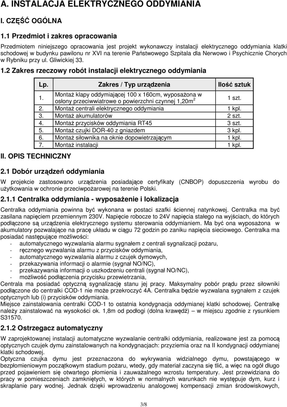 Szpitala dla Nerwowo i Psychicznie Chorych w Rybniku przy ul. Gliwickiej 33. 1.2 Zakres rzeczowy robót instalacji elektrycznego oddymiania II. OPIS TECHNICZNY Lp.