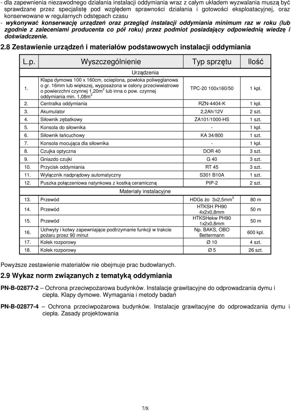 podmiot posiadający odpowiednią wiedzę i doświadczenie. 2.8 Zestawienie urządzeń i materiałów podstawowych instalacji oddymiania L.p. Wyszczególnienie Typ sprzętu Ilość Urządzenia TPC-20 100x160/50 1 kpl.