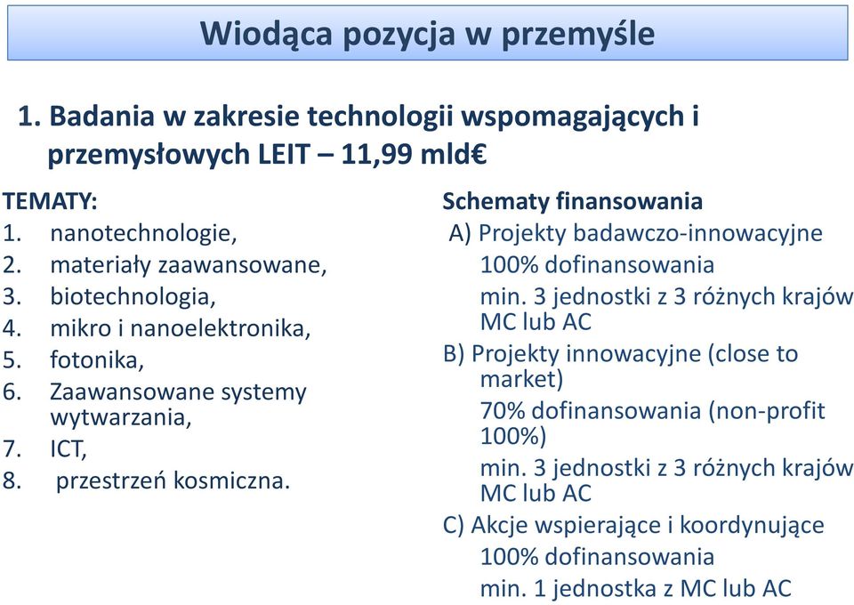 Schematy finansowania A) Projekty badawczo-innowacyjne 100% dofinansowania min.