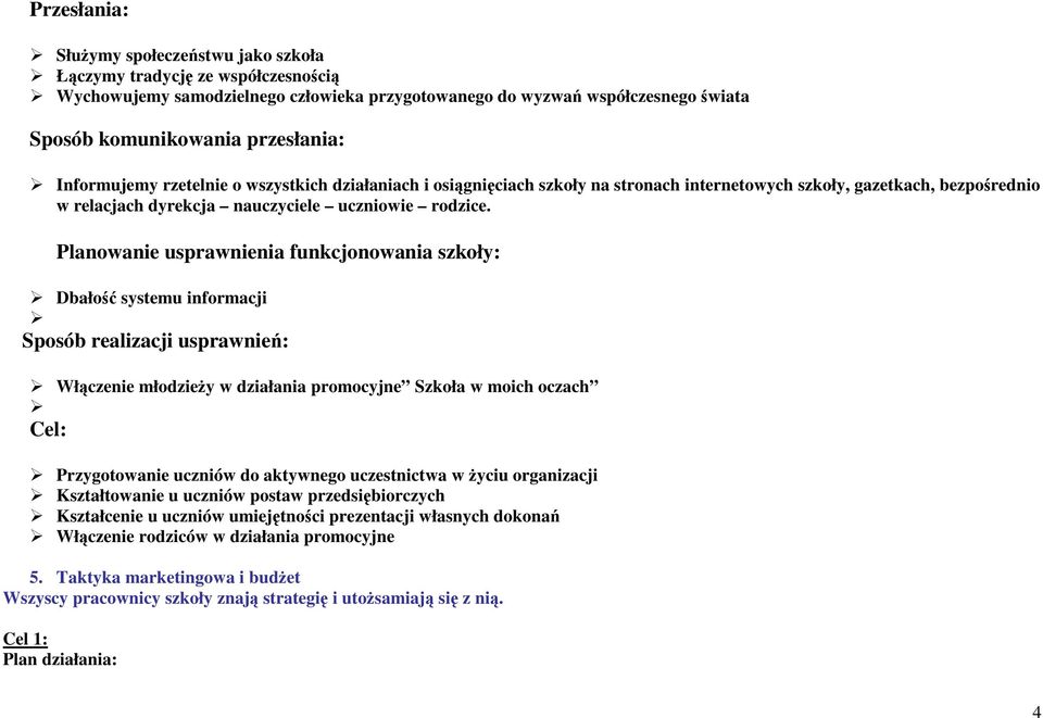 Planowanie usprawnienia funkcjonowania szkoły: Dbałość systemu informacji Sposób realizacji usprawnień: Włączenie młodzieży w działania promocyjne Szkoła w moich oczach Cel: Przygotowanie uczniów do