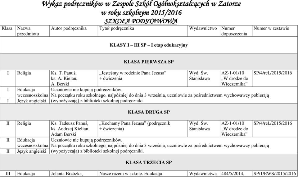 Andrzej Kielian, Adam Berski II II Edukacja wczesnoszkolna Język angielski Jesteśmy w rodzinie Pana Jezusa ćwiczenia Wyd. Św.