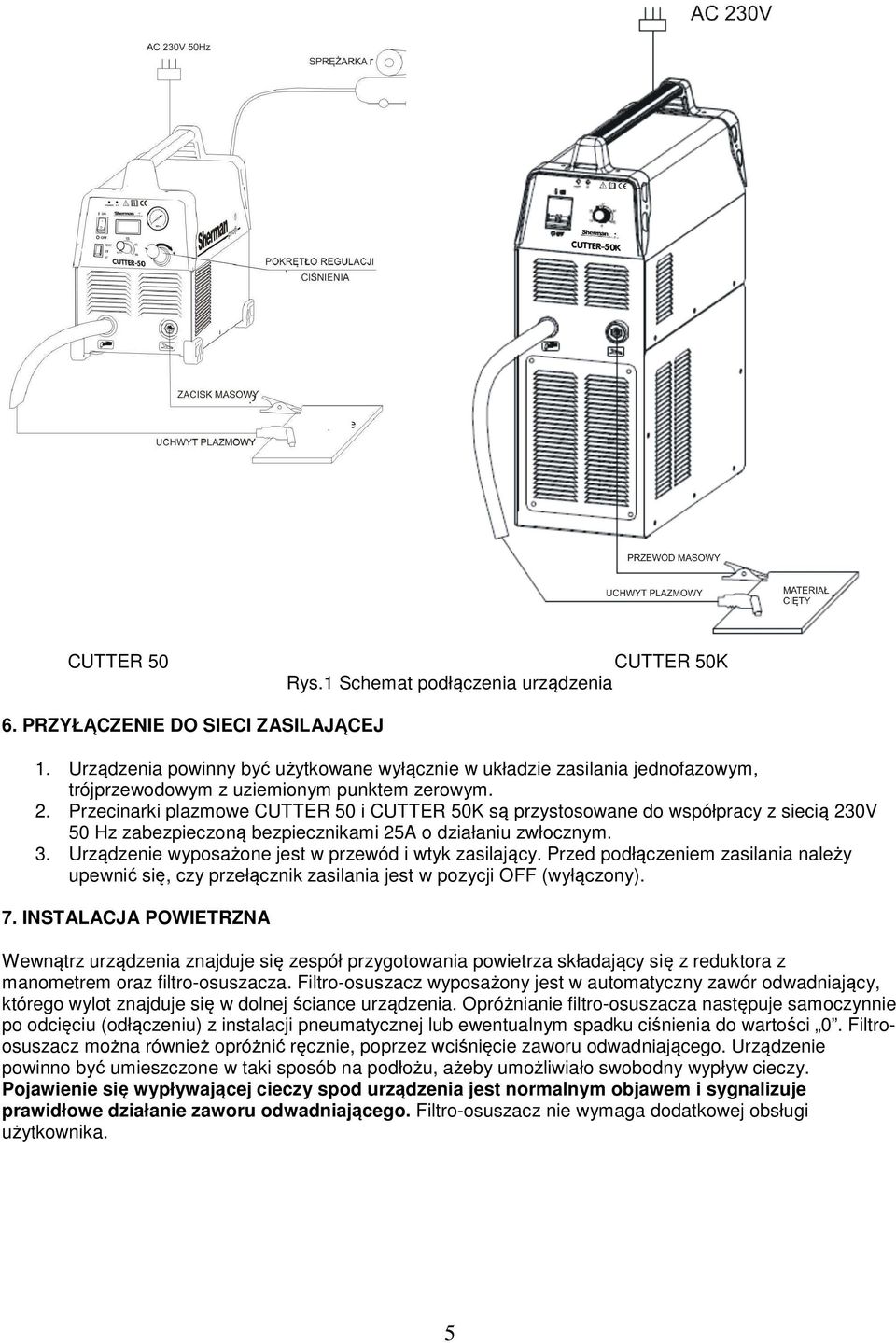 Przecinarki plazmowe CUTTER 50 i CUTTER 50K są przystosowane do współpracy z siecią 230V 50 Hz zabezpieczoną bezpiecznikami 25A o działaniu zwłocznym. 3.