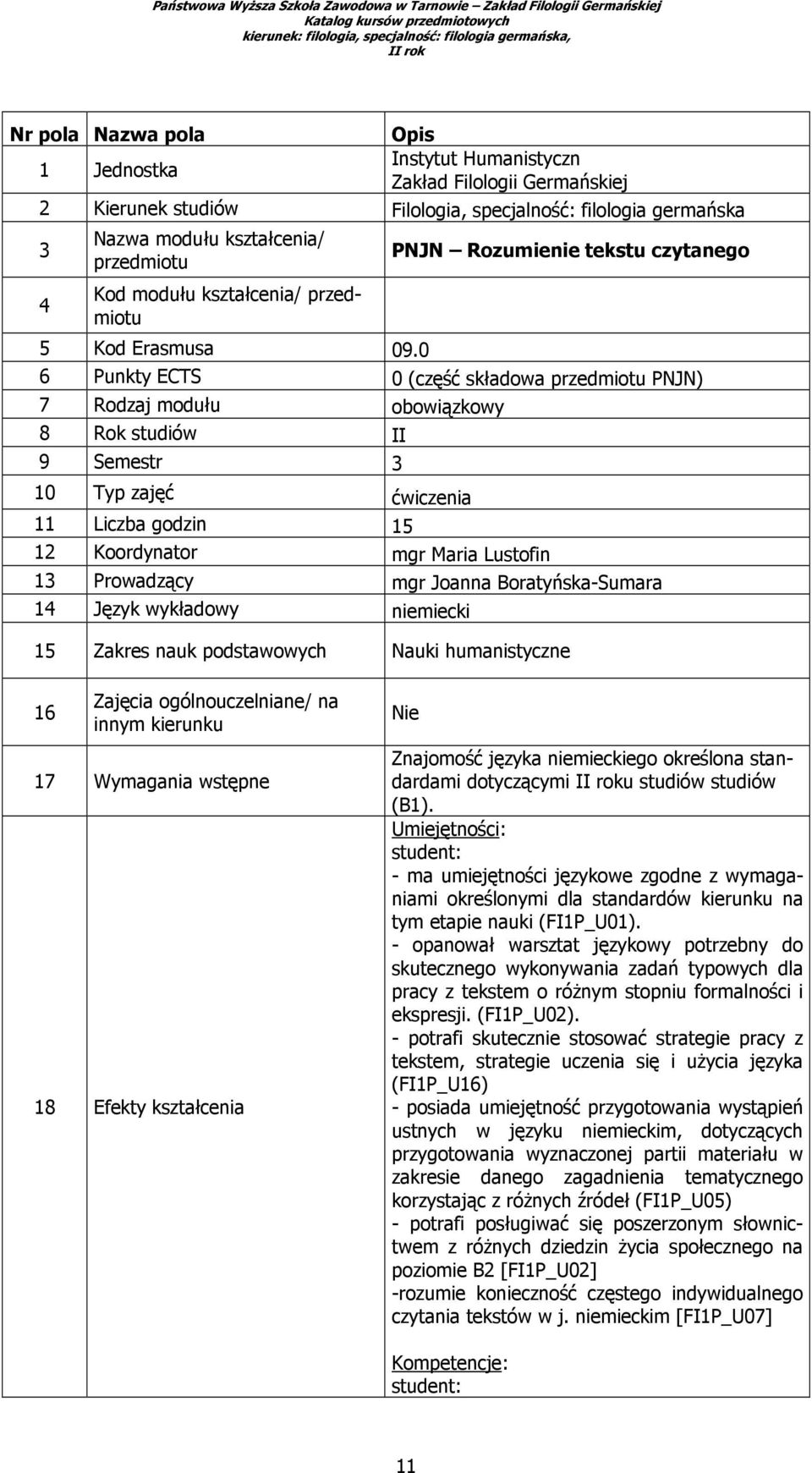 0 6 Punkty ECTS 0 (część składowa przedmiotu PNJN) 7 Rodzaj modułu obowiązkowy 8 Rok studiów II 9 Semestr 3 10 Typ zajęć ćwiczenia 11 Liczba godzin 15 12 Koordynator mgr Maria Lustofin 13 Prowadzący