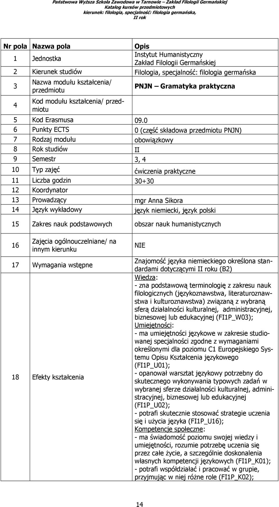 0 6 Punkty ECTS 0 (część składowa przedmiotu PNJN) 7 Rodzaj modułu obowiązkowy 8 Rok studiów II 9 Semestr 3, 4 10 Typ zajęć ćwiczenia praktyczne 11 Liczba godzin 30+30 12 Koordynator 13 Prowadzący