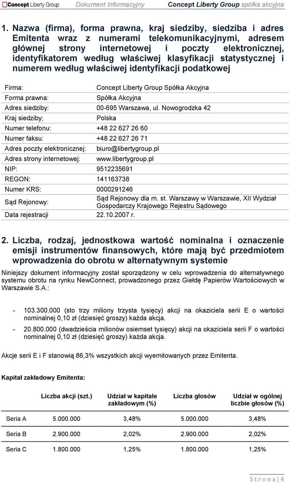 Nowogrodzka 42 Kraj siedziby; Polska Numer telefonu: +48 22 627 26 60 Numer faksu: +48 22 627 26 71 Adres poczty elektronicznej: Adres strony internetowej: biuro@libertygroup.