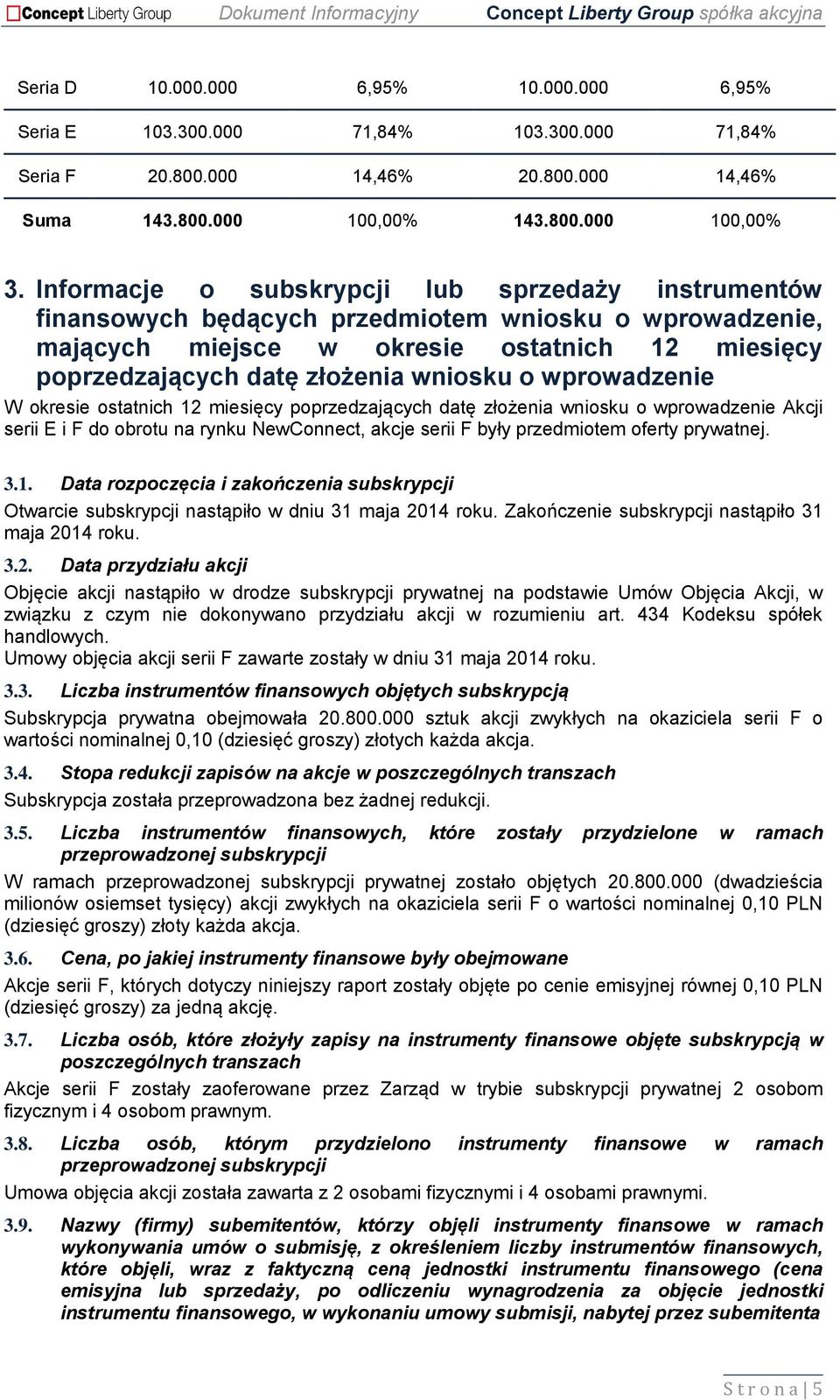 wprowadzenie W okresie ostatnich 12 miesięcy poprzedzających datę złożenia wniosku o wprowadzenie Akcji serii E i F do obrotu na rynku NewConnect, akcje serii F były przedmiotem oferty prywatnej. 3.1. Data rozpoczęcia i zakończenia subskrypcji Otwarcie subskrypcji nastąpiło w dniu 31 maja 2014 roku.